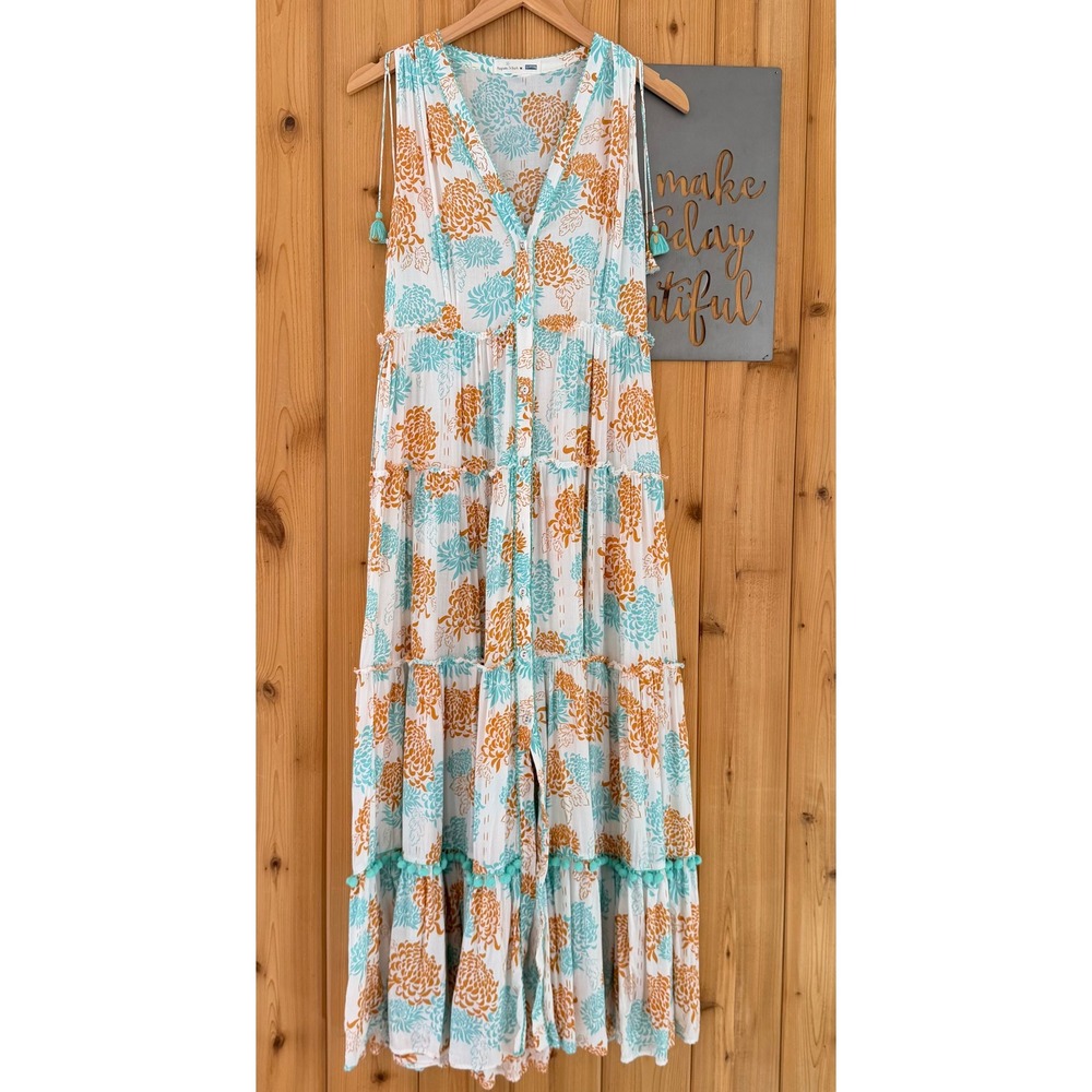 Poupette St Barth Floral PomPom Button Down Sleeveless Maxi Dress Size Small - Picture 2 of 12
